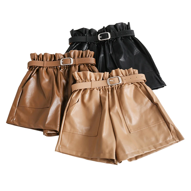 

High Waist PU Leather Shorts Women Cool Punk Sashes Wide leg Shorts Spring Autumn Casual Loose Elastic Waist Leather Shorts 2019