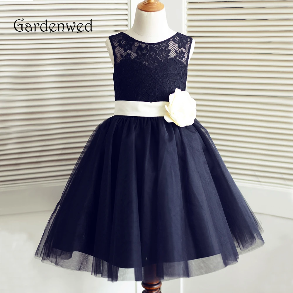 Gardenwed/2019 темно-синие кружевные платья с цветочным узором для девочек, нарядные платья с бантом для маленьких девочек, детское платье для