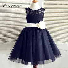 Gardenwed 2019 Navy Blue Lace Flower Girl Dresses Bow Pageant Dresses Little Girls Kids Children Dress for Wedding Gardenwed 2019 Navy Blue Lace Flower Girl Dresses Bow Pageant Dresses Little Girls Kids Children Dress for Wedding