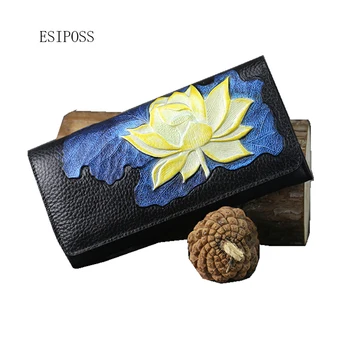 

Famous brand design retro genuine leather women wallet women clutch bag fashion 3D embossed flower wallet ladies Original purse