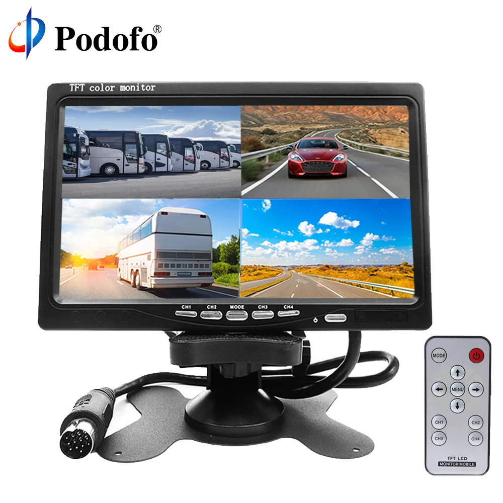 

AMPrime 7" 4 Split Screen Quad Monitor 4CH Video Input TFT LCD Display DC 12V for Reversing Camera System Car Rear view Monitor