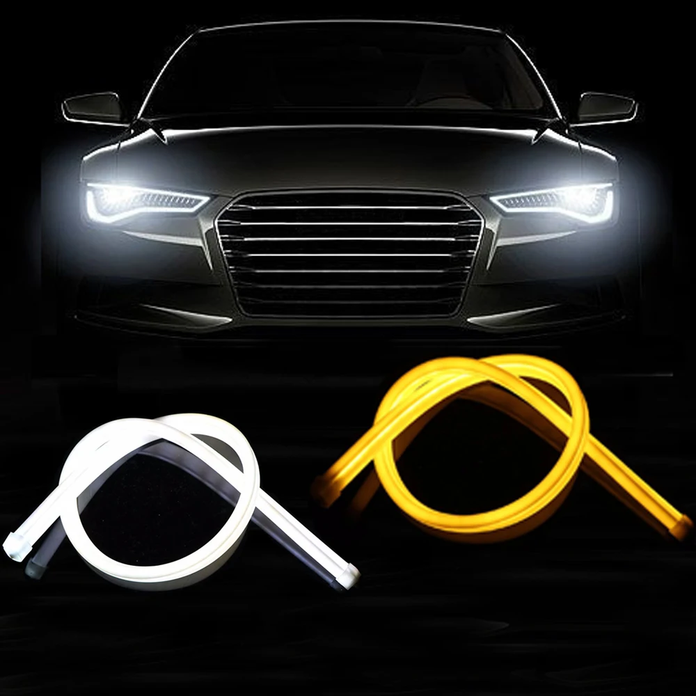 

Lonleap Car Headlight LED Strip DRL Day Light For Audi-Style Flexible Soft Tube Tears Light Tube Dual White + Amber 2 Piece