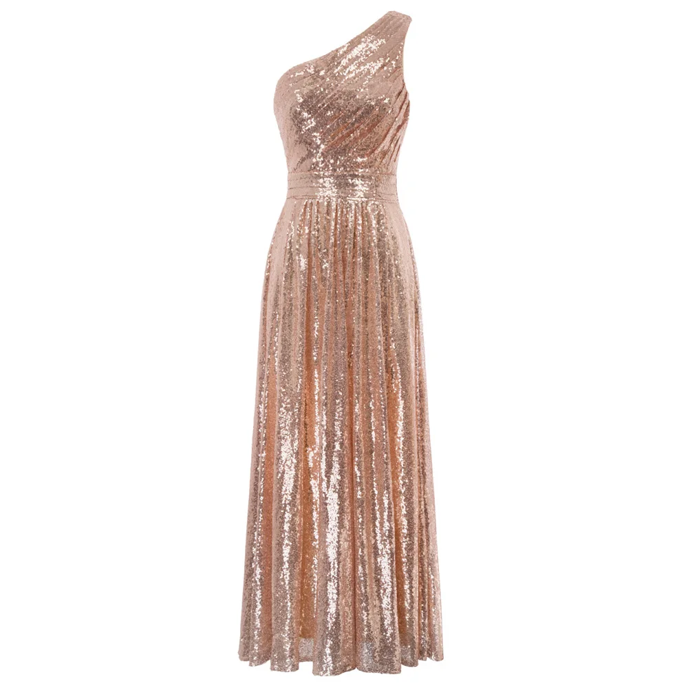 Роскошные бизнес платья для вечеринок для женщин летний потрясающий с блестками одно плечо розовое золото полная длина платье вечернее знаменитостей vestido - Цвет: Rose Gold