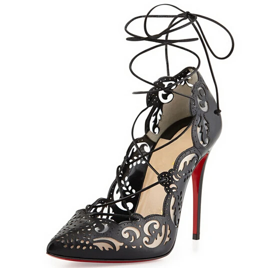 

Plus Size Shoes Women Strappy Heels Pumps 2015 Sexy Women Shoes Lace up red bottom high heels Ladies Pointed Pumps Dress Shoes
