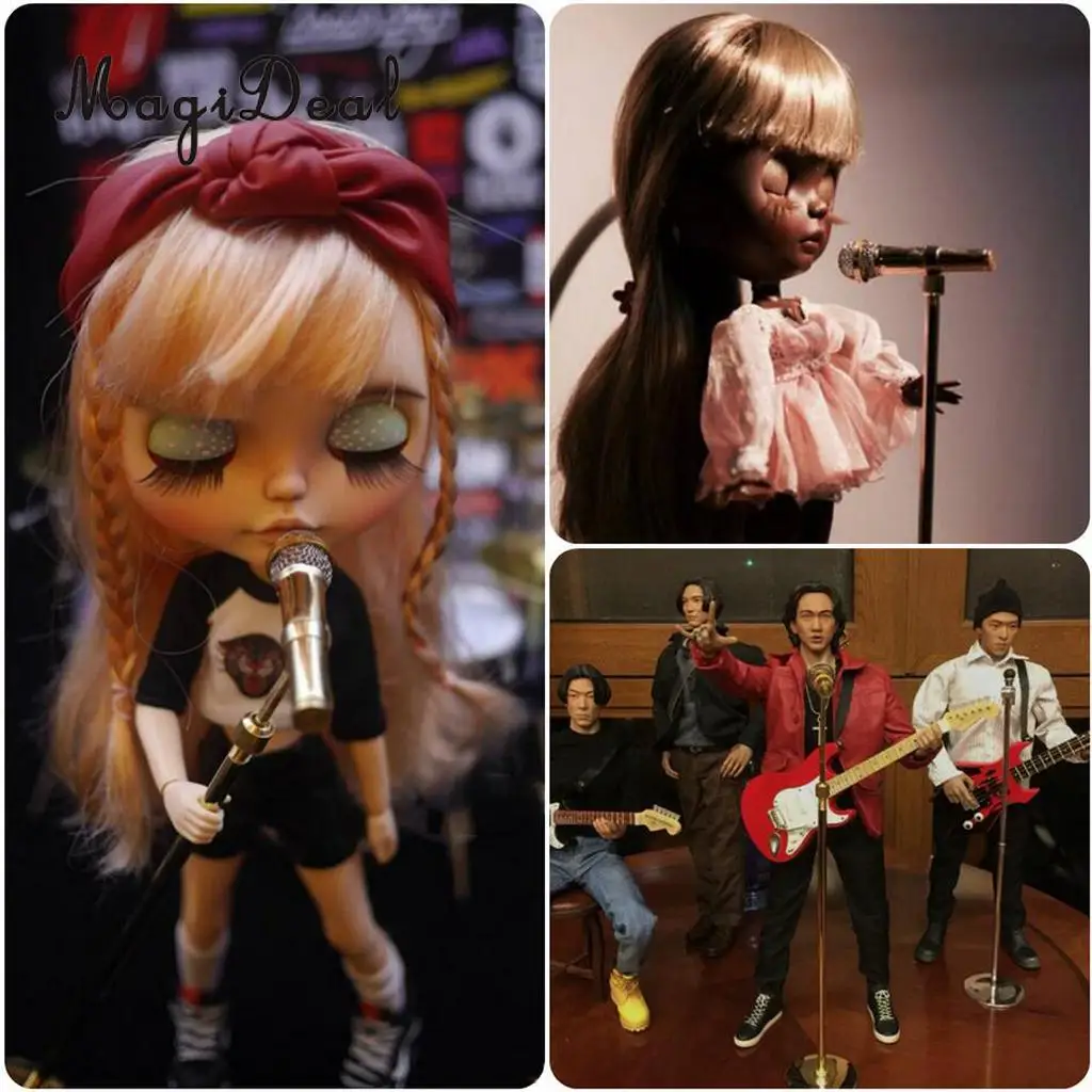 1/6 Scale Miniature Copper Adjustable Height Microphone Model with Stand and Box for Dolls Accessory Children Kids Toy