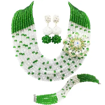 

Fashion Green Transparent Nigerian Wedding Beads African Jewelry Set Crystal Beaded Multistrands Necklace 10C-SZ012