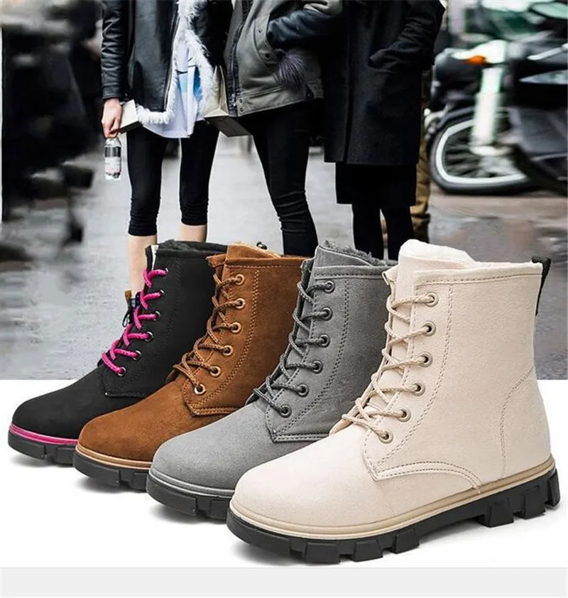 

2019 Winter Women Snow Boots Round Toe Lace-up Ankle Flat Bootie Fur Plush Insole Anti-skid Fashion Creepers Women Martin Boots
