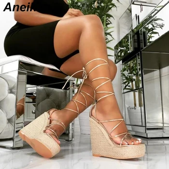 

Aneikeh Fashion PVC Sandal Women Transparent Sandals Ankle Strap Lace-Up Wedges High Heels Solid Black Gold Party Daily Size 42