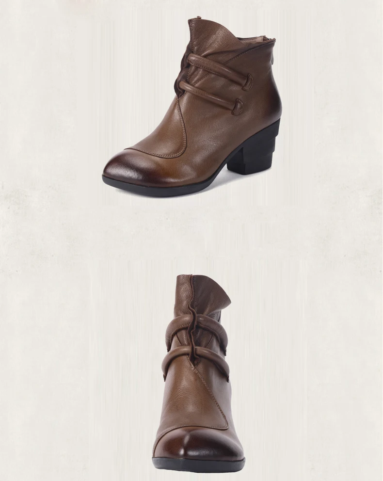 Женская обувь ручной работы; кожаные ботильоны; женские ботинки на высоком каблуке; цвет черный, коричневый; обувь на толстом каблуке ручной работы в винтажном стиле; размеры 41, 42; Xiangban