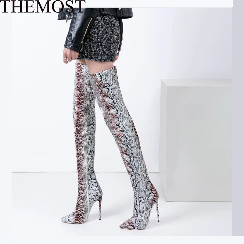 THEMOST New Brand Thin High-heeled Shoes Boots Luxury Boots Pointed Toe Snake Skin Thigh High Botas femininas big size 33-48 THEMOST New Brand Thin High-heeled Shoes Boots Luxury Boots Pointed Toe Snake Skin Thigh High Botas femininas big size 33-48