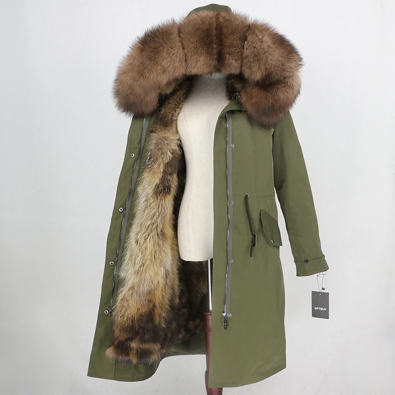 Пальто с натуральным мехом, бренд X-long Parka, водонепроницаемая ткань, верхняя одежда, зимняя куртка для женщин, натуральный Лисий мех, капюшон, подкладка из лисьего меха, отстегивается - Цвет: green dark brown