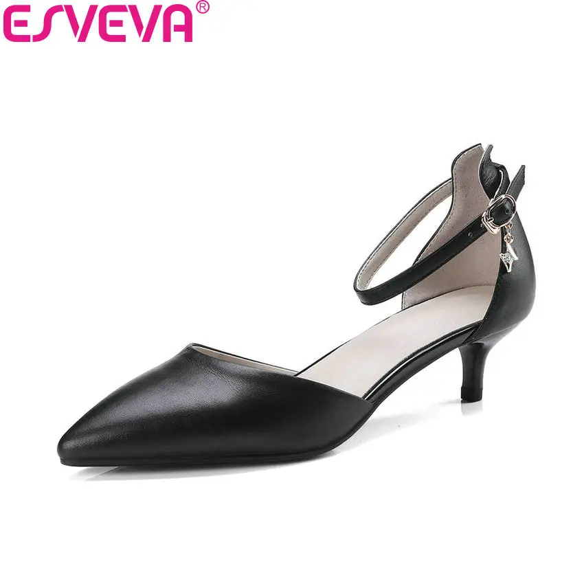 

ESVEVA 2018 Women Pumps Buckle Shallow Thin Med Heels Cow Leather PU Pointed Toe Simple and Fashion Pumps Women Shoes Size 34-41