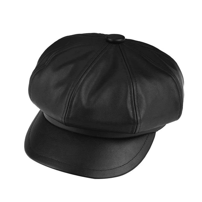 

Solid Color Vintage Patchwork Women Fashion Octagonal Cap Men real sheepskin Leather Cap Painter Beret genuine Hat Leisure Caps