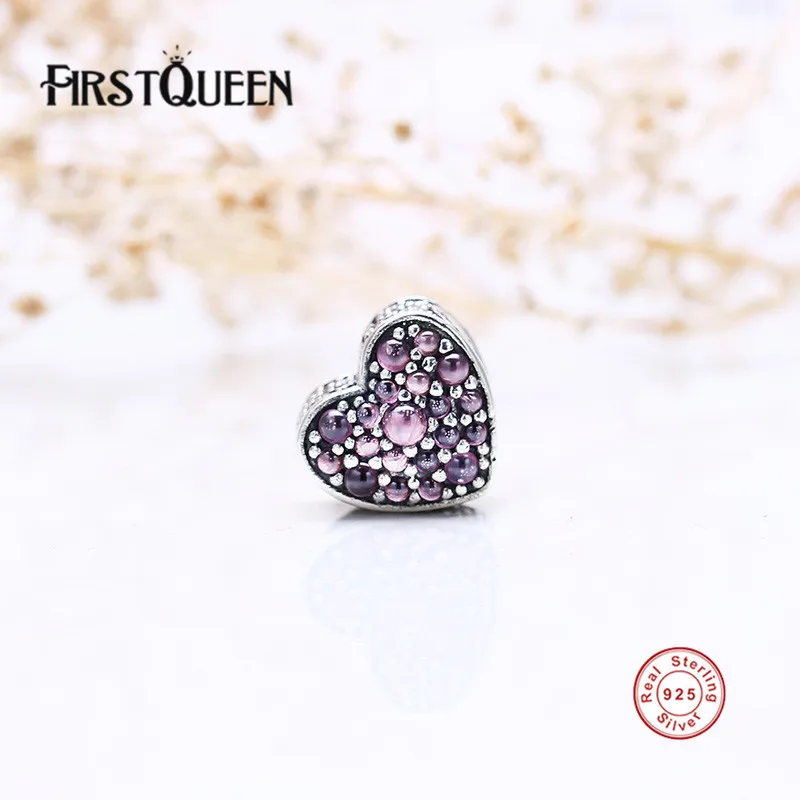 

FirstQueen Mother's Day Pink CZ Stones Dazzling Heart Charms Bracelet 925 Sterling Silver Pink Heart Bead For Jewelry E