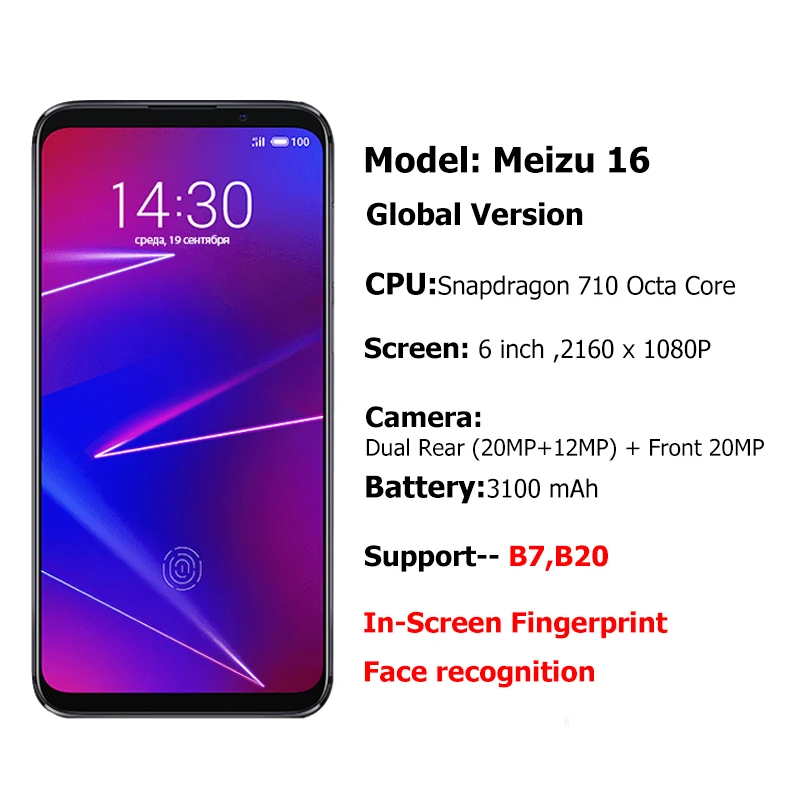 Оригинал Mейзу Меizu16 6 GB 64 Octa Core 0 '񟯠x1080 P мобильный телефон Snapdragon 710 спереди 20MP