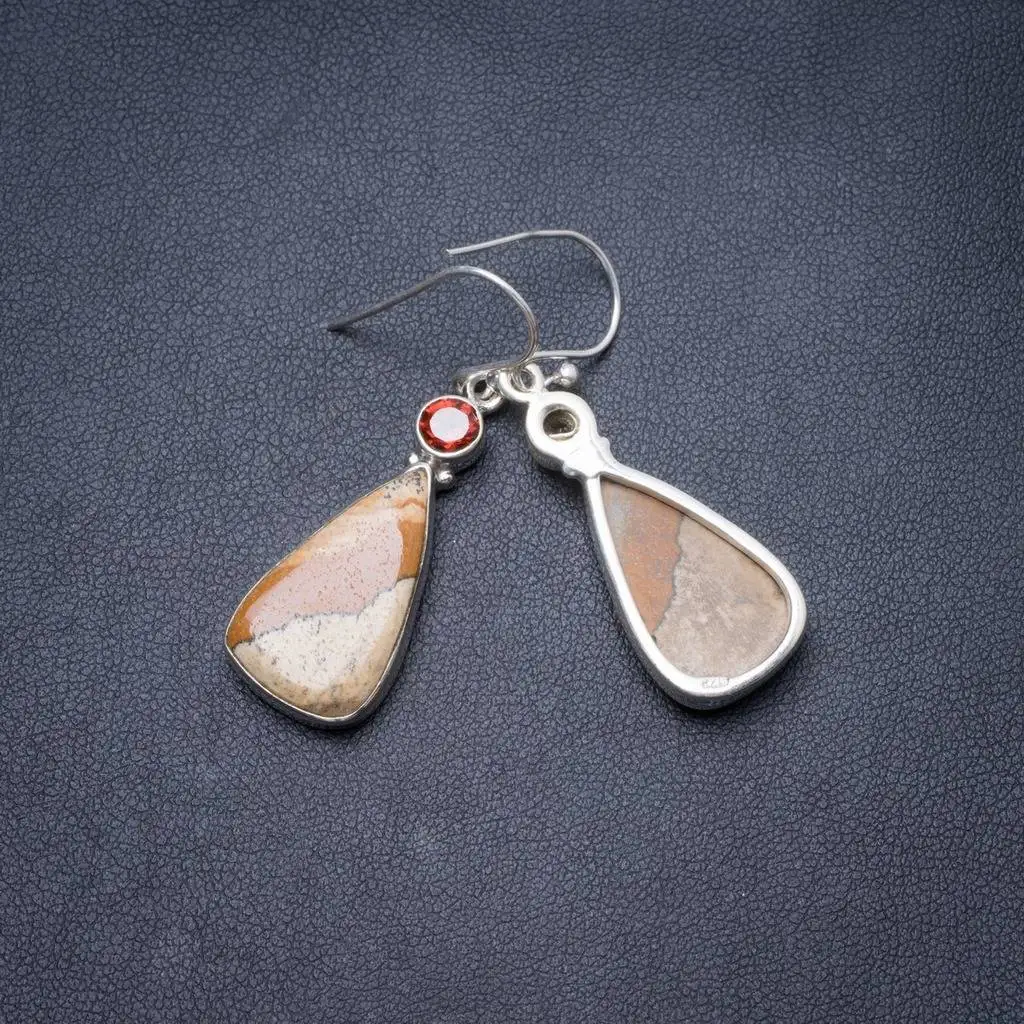 

Natural Picture Jasper and Garnet Handmade Unique 925 Sterling Silver Earrings 1.75" Y3133
