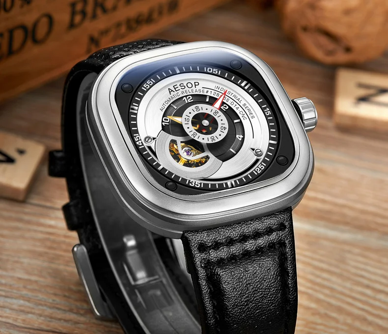 AESOP креативная Мода Мужские часы автоматические механические квадратный Кожаный ремешок наручные часы из нержавеющей стали мужские часы 9023 г