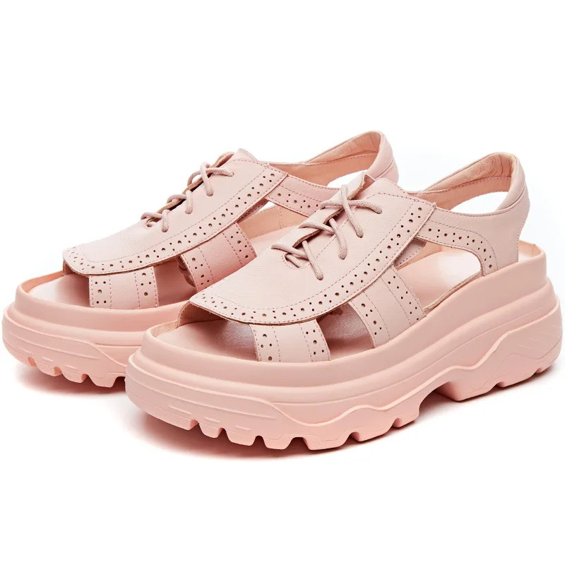 

2019 summer leather ladies pure leather sandals punch carved breathable thick bottom sponge cake wild ladies beach shoes
