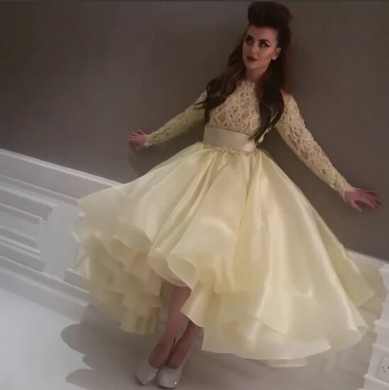 

Fashion Light Yellow Abaya Dubai Kaftan Long Sleeve Lace Organza Arabic Evening Dress robe de soiree 2015