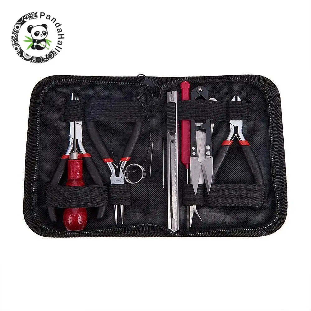 

10pcs Jewelry Tool Sets DIY Tools Kit with Plies Scissor and Pins Jewelry Tools Equipments Package Black 155x110x35mm