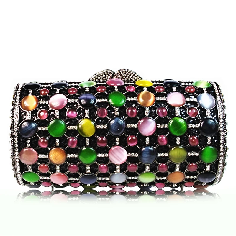 

XIYUAN Pink/Green/Blue Gemstone Evening Clutch Purse Women Clutches Black Handbag Hollow Out White Crystal Lady Party Purses