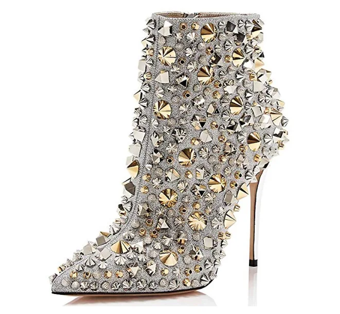

Womens Rhinestones Rivet Pointed Toe Ankle Boots High Heels Stud Club Shoes E45