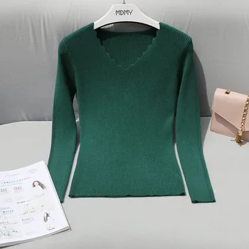 

Women sweaters and pullovers Korea Winter Green pure soft serrat V collar core spun yarn long sleeved knit sweater Girls shirts