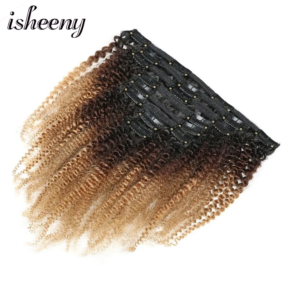 Isheeny 120g Clip Full Head 1B/4/27 Afro Kinky Curly Clip In Hair Extensions 8pcs/set Brazilian Human Extension Clip Hair