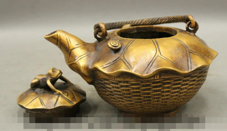 

S0229 7 Folk Chinese Bronze Auspicious Wealth Lotus Frog Toad Statue Teapots Wine Pot
