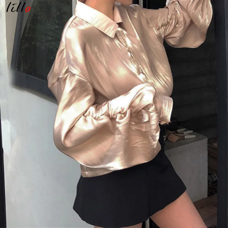 

Women's long-sleeved temperament shirt 2019 summer champagne gold button elegant and comfortable shirt