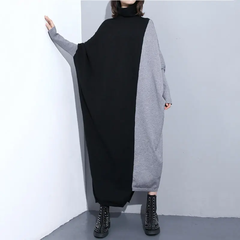 

Large Size Women Turtleneck Knit Dress 2018 Autumn Winter New Contrast Color Bat Sleeve Loose Street Female Sweater Dress LQ556