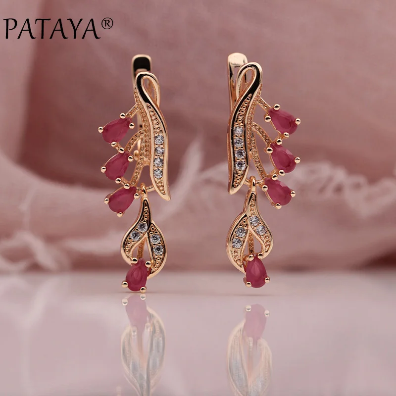 

PATAYA New Color Long Earrings 585 Rose Gold Red Natural Zirconia Leaf Design Screw Ear Clip Jewelry Women Water Drop Earrings