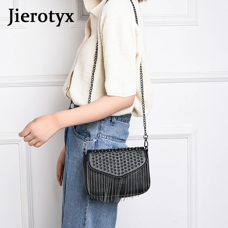 JIEROTYX, роскошная Бриллиантовая сумка через плечо, женская сумка на плечо, кожаная, с бахромой, Абсолютная Черная модная цепочка, женские плечевые мини-сумки