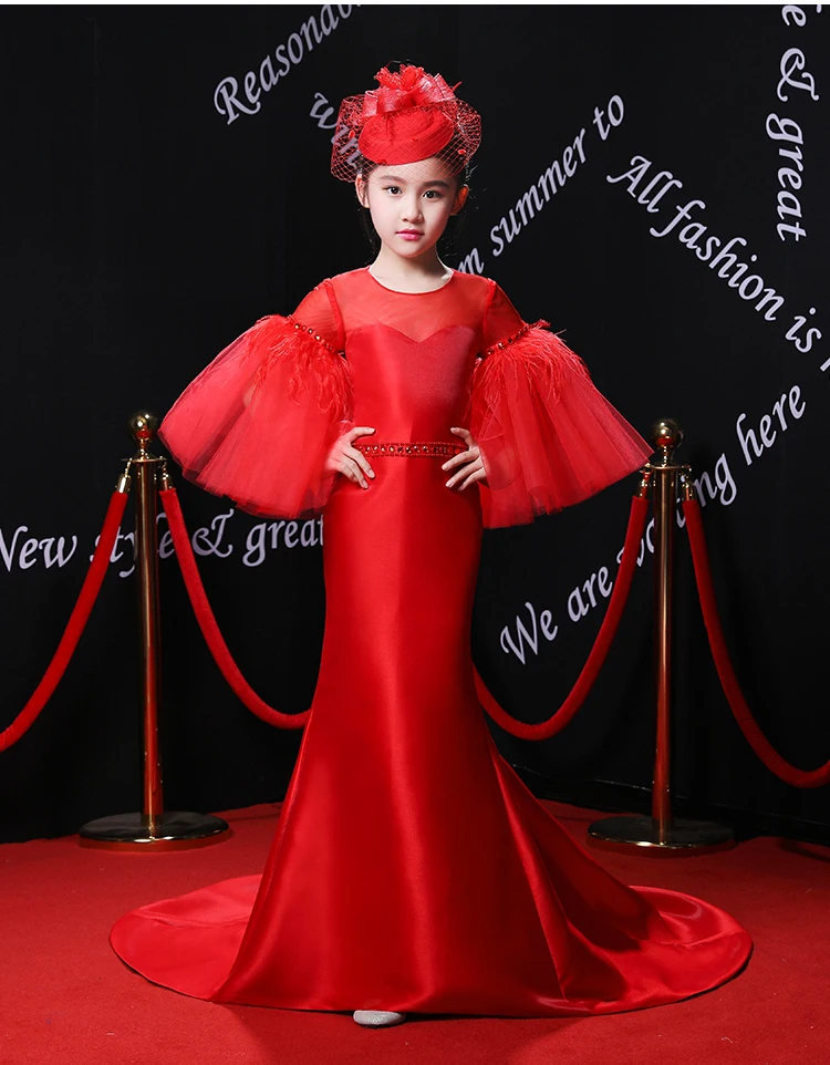 Новинка года; Королевское Платье с цветочным узором для девочек; детское платье с расклешенными рукавами; праздничное платье на свадьбу; роскошное красное платье принцессы; детский официальный костюм