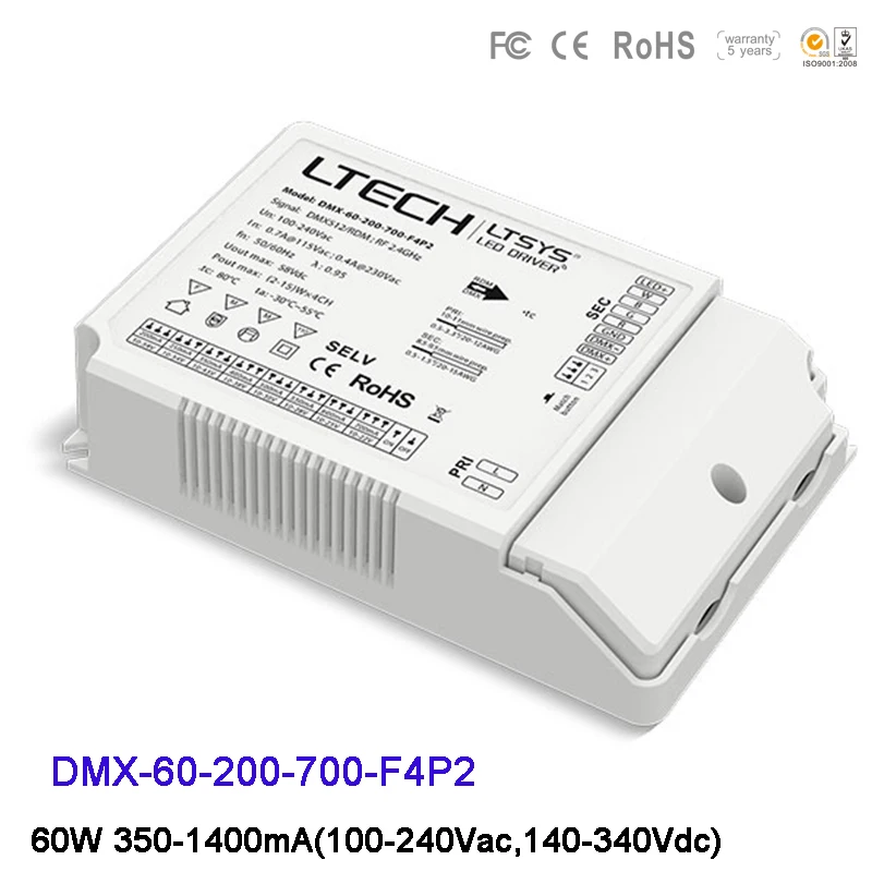 LTECH DMX-60-200-700-F4P2 светодиодный интеллектуальная система для водителя 60 Вт 350-1400mA (100-240Vac, 140-340Vdc) Мощность питания для Светодиодный свет