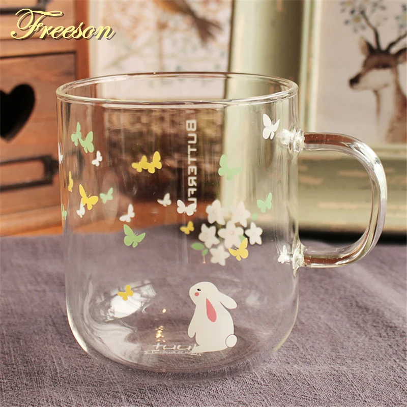 

Kawaii Butterfly Bunny Tea Mug Cute Rabbit Glass Coffee Mug Heat Resistance Coffee Cup Zakka Tea Cup 370ml Beer Mug Dropshipping