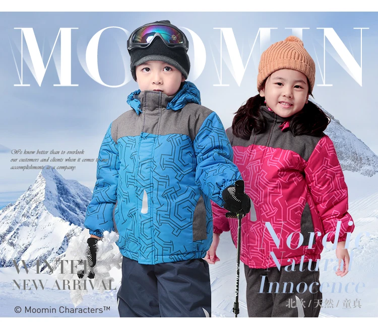 Moomin/зимнее пальто для мальчиков; Новинка года; детская зимняя верхняя одежда из полиэстера с капюшоном для активного отдыха; тканая синяя теплая верхняя одежда с геометрическим рисунком;