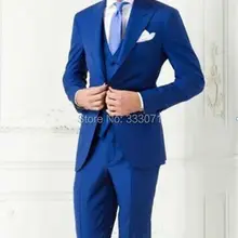 Королевские синие смокинги для жениха с двумя пуговицами, мужские свадебные платья с отворотом, одежда для выпускного вечера, костюмы Жениха(куртка+ брюки+ жилет+ галстук