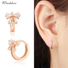Cute Gold Color Bowknot w/ CZ Crystals Round Circle Huggies Small Hoop Earrings for Women Children Girls Baby Kids Jewelry Aros
