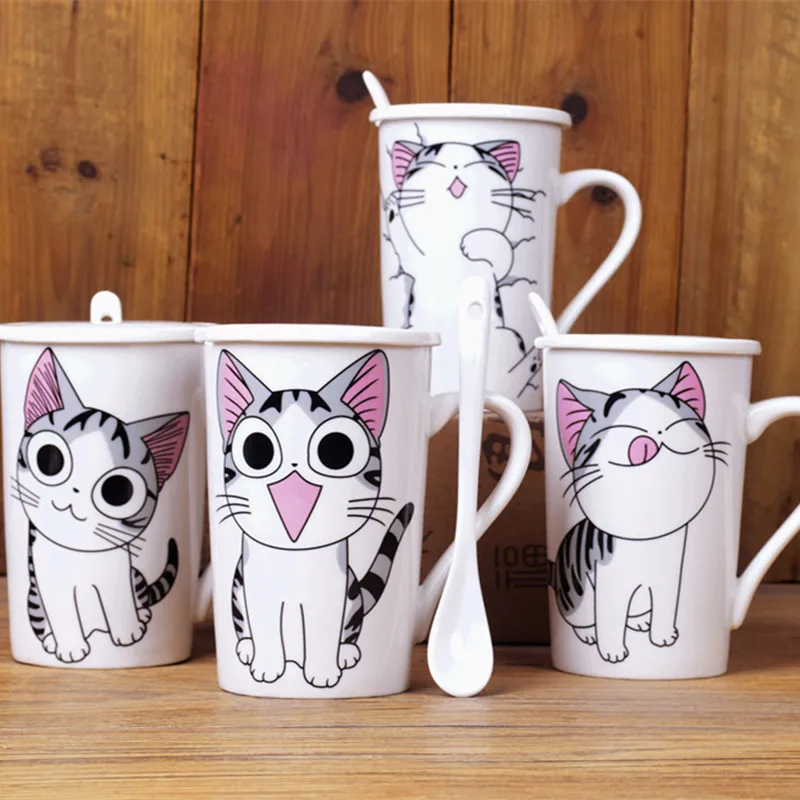 Cute Cat Style Ceramic Mugs 400ml with Lid Spoon Cartoon Creative Moring Mug Milk Coffee Tea