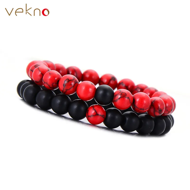 

VEKNO 8mm Natural Beaded Bracelet Set Couple Jewelry Red & Black Lava Stone Stretch Bracelets Women Mens Yoga Jewelry