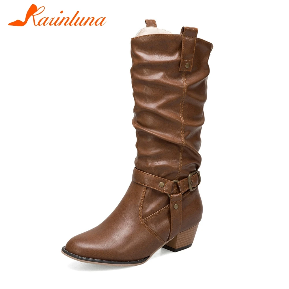 

KARINLUNA New Fashion Wide Med Heels 4cm Black Belt Buckle Shoes Woman Casual Winter Mid Calf Boots Big Size 35-50