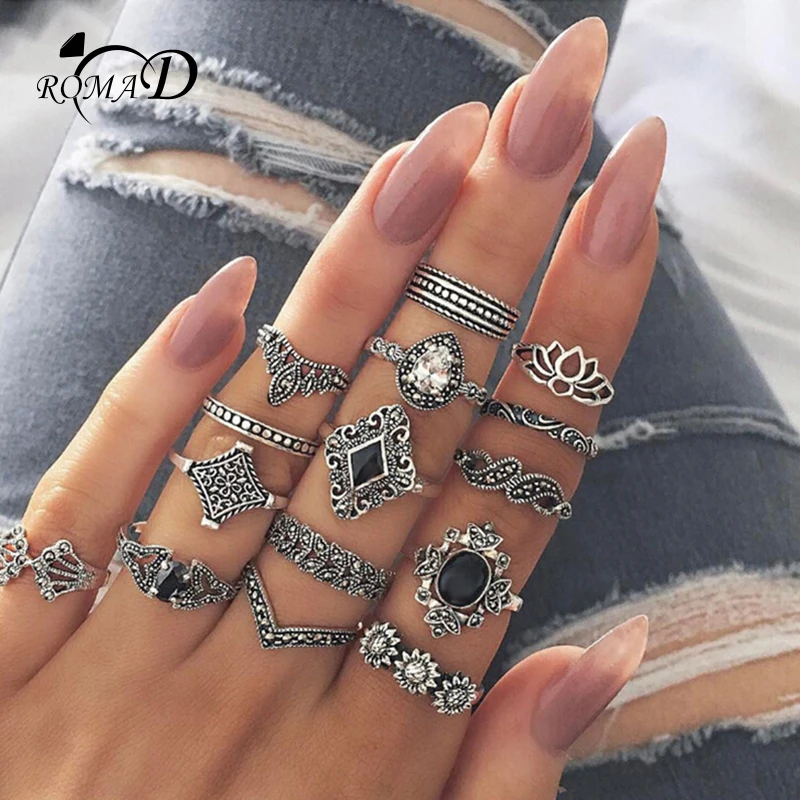 

ROMAD Bohemian Flower Ring Sets for Women Vintage Retro Silver Color Lotus Stone Blue Crystal Rings Finger Jewelry 2018 R4