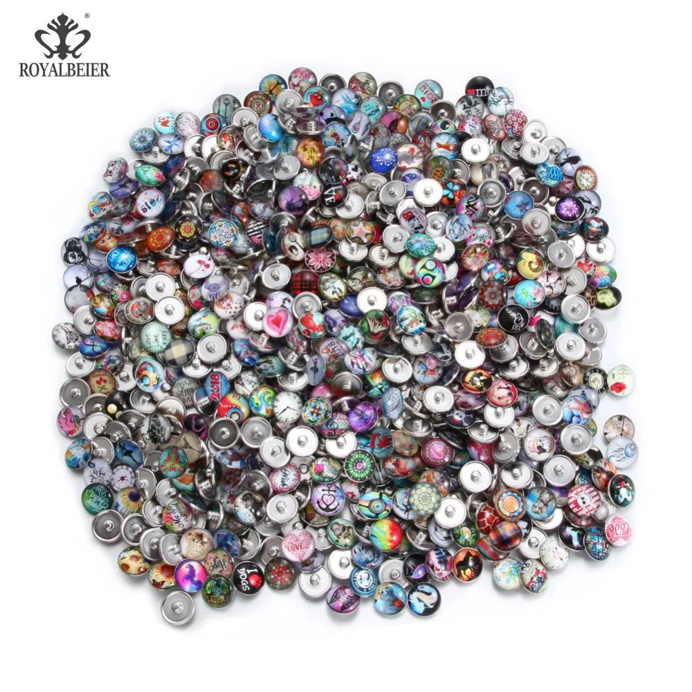 

ROYALBEIER 100pcs/lot Mixed Beautiful Patterns Charms 18mm Glass Snap Button For DIY Snaps Jewelry Random Delivery KZHM151