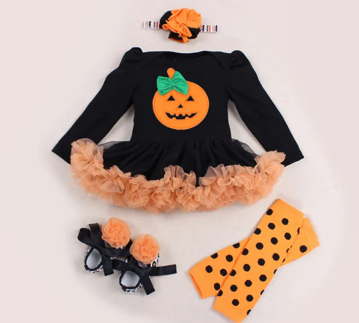 

Baby Girls Halloween Outfits Infant Clothing Set Lace Romper Dress Leg Warmer Shoes Headband Suit Newborn Infant Pumpkin Clothes