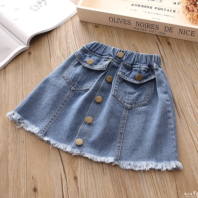 Babyinstar/ Летняя короткая джинсовая юбка трапециевидной формы с бахромой сбоку для девочек Модная Джинсовая юбка с высокой талией Асимметричные детские юбки - Цвет: K06362Blue
