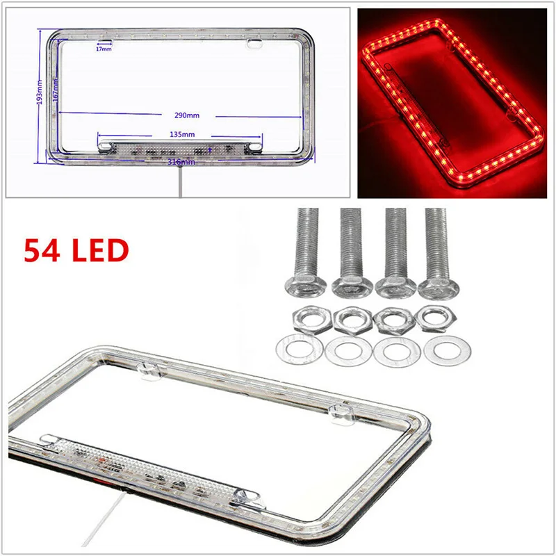 Universal 12V White Red Blue Green 54 LED Light Car Front Rear Number License Plate Frame Cover