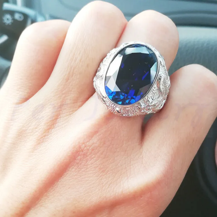 Сапфировое кольцо, мужские кольца,, Стерлинговое Серебро 925 пробы, в стиле дракона, кольца с большим синим камнем, 14 карат, сапфир, хорошее ювелирное изделие