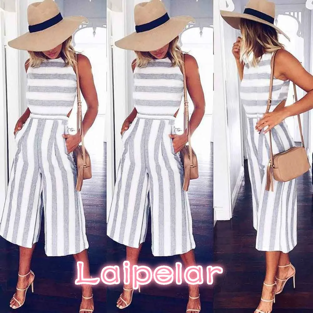 

2018 Women's Sleeveless Striped Jumpsuit Casual Loose Trousers Fashionable Leotard Catsuit Combinaison Wide Leg Pants