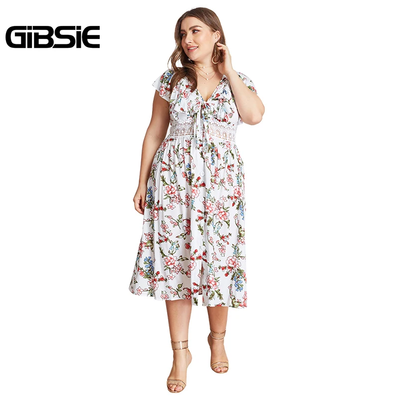 

GIBSIE Plus Size Lace Patchwork Knot Front Button Women Dress Summer Casual Floral Print V Neck Butterfly Sleeve Elegant Dress